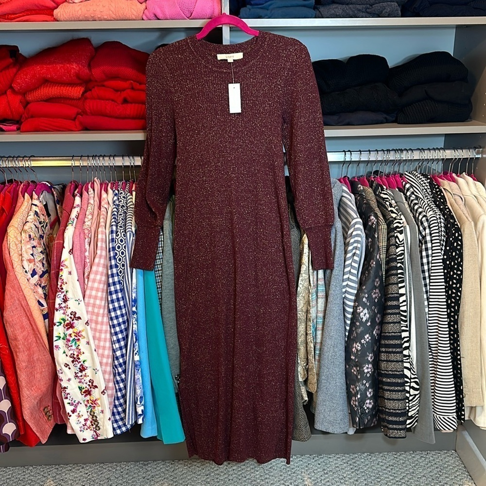 Loft burgundy with gold metallic threads maxi sweater dress size XS NWT